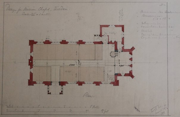 Original chapel plan view drawing with Dutch language handwritten 